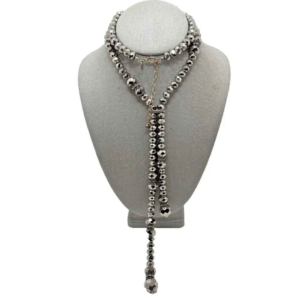 Vintage JOAN RIVERS Hematite Faceted Bead Lariat Necklace Rhinestone Accents 28